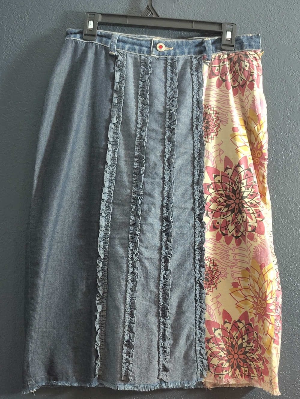 VTG Jane Doe Jeans Denim & Floral Ruffle Paneled Boho Midi Skirt Size M